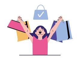 Shopping concept with character situation. Happy excited woman holding many bags with purchases and buying at discount prices during sales. Vector illustration with people scene in flat design for web