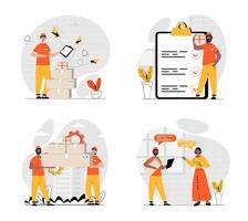 entrega concepto con personaje colocar. colección de escenas personas trabajo como repartidores y mensajeros, logística gerentes, cargadores que lleva cajas para cliente hogar. vector ilustraciones en plano web diseño