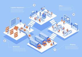 Delivery company concept 3d isometric web scene with infographic. People work in logistics department, workers loading boxes in warehouse for shipping. Vector illustration in isometry graphic design