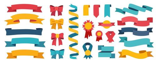 Ribbons and tags mega set in flat graphic design. Collection elements of empty flying curve flags, award bows, vintage emblems, award medals, quality signs, bookmarks and tapes. Vector illustration.