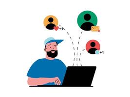 Social network concept with character situation. Man chats with friend, receives new messages, comments and likes using laptop programs. Vector illustration with people scene in flat design for web