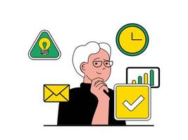 Productivity workplace concept with character situation. Man works efficiently and completes tasks to deadline, motivation and inspiration. Vector illustration with people scene in flat design for web