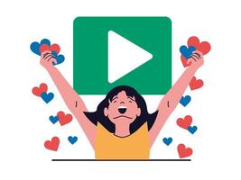 Social network concept with character situation. Happy excited woman collecting many likes and hearts from audience for new blog video. Vector illustration with people scene in flat design for web