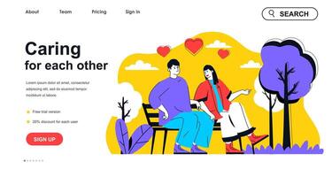 Caring for each other concept for landing page template. Happy man and woman talks sitting on bench. Loving relationship people scene. Vector illustration with flat character design for web banner