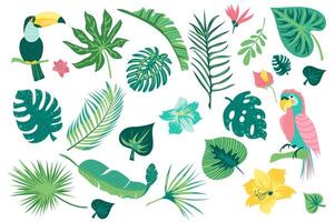 Hello summer set graphic elements in flat design. Bundle of toucan, parrot, tropical leaves and exotic flowers, wildlife green plants and jungle fresh foliage. Vector illustration isolated objects