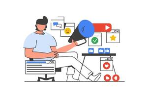 Digital marketing outline web concept with character scene. Man with megaphone promoting business online. People situation in flat line design. Vector illustration for social media marketing material.