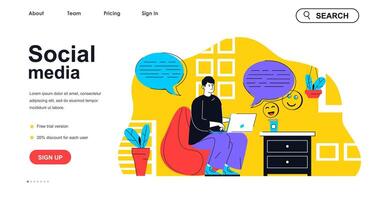 Social media concept for landing page template. Man browsing and networking, chatting with friends. Online communication people scene. Vector illustration with flat character design for web banner