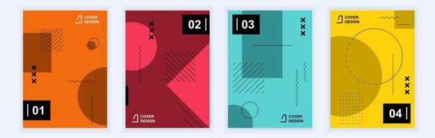 Abstract brochure covers set in modern minimal geometric design. Memphis style background templates with different colors shapes and elements pattern composition in A4 format. Vector illustration