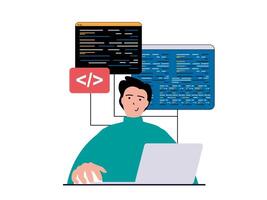 Programming software concept with character situation. Man working with program code at laptop, testing scripts and engineering process. Vector illustration with people scene in flat design for web