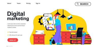 Digital marketing concept for landing page template. Marketer analyzes data, makes ads in mobile app. Online promotion people scene. Vector illustration with flat character design for web banner