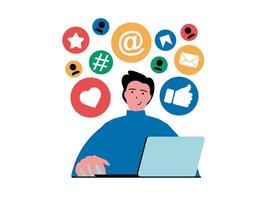 Social network concept with character situation. Man actively uses online profile, communicates, collects likes, posts content at laptop. Vector illustration with people scene in flat design for web