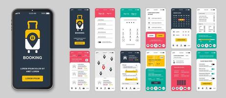 Booking mobile app screens set for web templates. Pack of login, online account, choose destination or hotel room, payment and other mockups. UI, UX, GUI user interface kit for layouts. Vector design