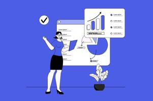 Financial analytics web concept with character scene in flat design. People working with data and calculating money, making market research. Vector illustration for social media marketing material.