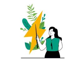 Green energy concept with character situation. Woman uses alternative and renewable energy sources, protects nature and environment. Vector illustration with people scene in flat design for web