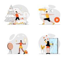 Sport training concept with character set. Collection of scenes people doing yoga practice, running in park, playing tennis and exercising with dumbbells. Vector illustrations in flat web design