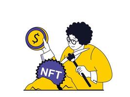 NFT token concept with character situation. Woman mining cryptocurrency and invests money in unique collection artworks in cyberspace. Vector illustration with people scene in flat design for web