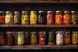 AI generated An Assorted pickled vegetables in glass jars lined up on a wooden shelf against a dark background photo