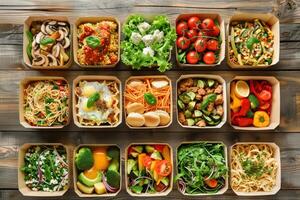 AI generated A Variety of healthy meals packed in takeout boxes arranged on a wooden table photo