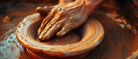 AI generated A Hands of a skilled artisan shaping clay on a potters wheel photo