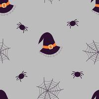 Seamless Halloween vector pattern. Fashionable pattern with hats, spider, web for wrapping paper, wallpaper, stickers, notebook cover.