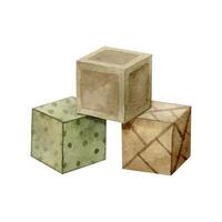 Children's cubes in brown and green shades, for active games for children. Isolated watercolor illustration for cards, stickers, textiles, design, invitations, website, logo. vector