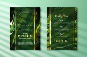 Luxury wedding invitation card with dark green alcohol ink painting background. Abstract marble texture for marriage celeberation template. Engagement card mockup vector