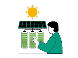 Green energy concept with character situation. Eco friendly man uses solar panels for charging batteries and alternative energy sources. Vector illustration with people scene in flat design for web