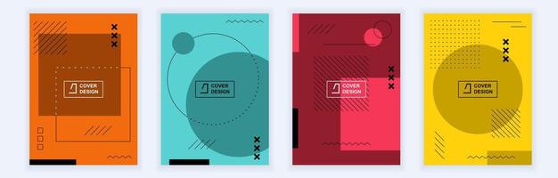 Abstract brochure covers set in modern minimal geometric design. Memphis style background templates with different geometry graphic shapes in A4 format for minimalistic posters. Vector illustration