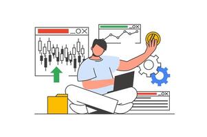 Stock market outline web concept with character scene. Man analyzing candlestick chart, investing money. People situation in flat line design. Vector illustration for social media marketing material.