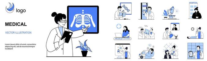 médico concepto con personaje situaciones recopilación. haz de escenas personas trabajando como doctores y enfermeras, haciendo laboratorio pruebas, consultante pacientes a hospital. vector ilustraciones en plano web diseño