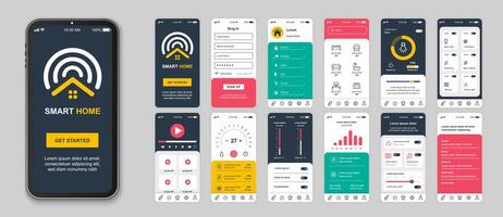 Smart home mobile app screens set for web templates. Pack of login, online monitoring sensors, cctv camera system, automation, other mockups. UI, UX, GUI user interface kit for layouts. Vector design