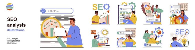 seo análisis concepto con personaje situaciones recopilación. haz de escenas personas estudiar y optimizar buscar consulta métrica, palabras clave y sitio web tráfico. vector ilustraciones en plano web diseño