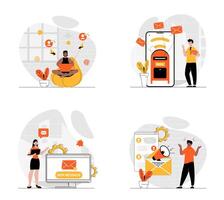 Email marketing concept with character set. Collection of scenes people sending emails with advertising campaigns, making promo mailings and promo newsletters. Vector illustrations in flat web design