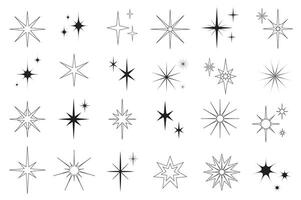 Line stars set graphic elements in flat design. Bundle of minimalistic linear black symbols of starry night, falling star, firework in sky, Christmas decorations. Vector illustration isolated objects