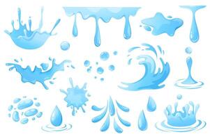 Water drops and splashes set graphic elements in flat design. Bundle of swirl and curl waves, liquid flow, falling raindrops, flowing and splashing aqua motion. Vector illustration isolated objects