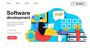 Software development concept for landing page template. Programmer writes programming code. Developer working in office people scene. Vector illustration with flat character design for web banner