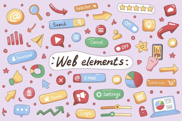 Web elements cute stickers set in flat cartoon design. Collection of button, settings, email, megaphone, login, home, data, diagram and other. Vector illustration for planner or organizer template