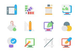 Graphic design 3d icons set. Pack flat pictograms of tablet for drawing, color palettes, paint spray, image, stationery, magic wand, crop and other tools. Vector elements for mobile app and web design