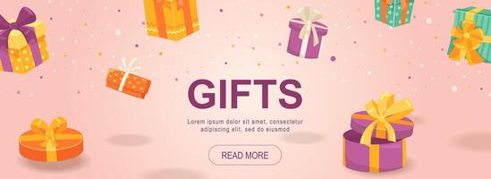 Gifts horizontal web banner. Colorful cardboard boxes with bows for presents for birthdays, Christmas and other holidays. Vector illustration for header website, cover templates in modern design