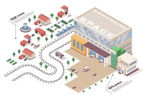 Coworking space concept 3d isometric web infographic workflow process. Infrastructure map with workspace office, parking, town employee buildings. Vector illustration in isometry graphic design