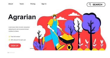 Agrarian concept for landing page template. Farmer with wheelbarrow works on farm and harvesting. Gardening and planting people scene. Vector illustration with flat character design for web banner