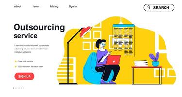 Outsourcing service concept for landing page template. Woman employee doing work in remote office. Project work, freelance people scene. Vector illustration with flat character design for web banner