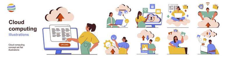 Cloud computing concept with character situations collection. Bundle of scenes people use services for data exchange and file saving, web hosting and servers. Vector illustrations in flat web design