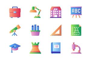 Academy icons set in color flat design. Pack of briefcase, table lamp, university building, chalkboard, telescope, stationery, graduation hat and other. Vector pictograms for web sites and mobile app