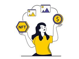 nft simbólico concepto con personaje situación. mujer hace en línea transacción con criptomoneda y compra digital Arte con nft tecnología. vector ilustración con personas escena en plano diseño para web