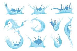 agua chapoteo conjunto gráfico elementos en plano diseño. haz de diferente rizo olas de líquido fluir, puro salpicaduras remolino agua movimiento, corona con rociar gotas. vector ilustración aislado objetos