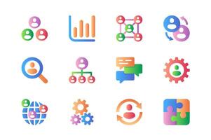 Teamwork icons set in color flat design. Pack of business, manager, meeting, group, leadership, organization, team, cooperation, partnership and other. Vector pictograms for web sites and mobile app