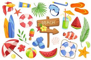 Summer time set graphic elements in flat design. Bundle of beach pointer, tropical leaf, flowers, sunscreen, starfish, lifebuoy, ice cream, surfboard and other. Vector illustration isolated objects