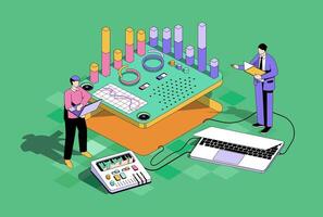 Data analysis concept in 3d isometric design. Men make report and market research, work with charts or graphs at dashboard at laptops. Vector isometry illustration with people scene for web graphic