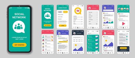 social red móvil aplicación pantallas conjunto para web plantillas. paquete de acceso, información perfil, publicaciones, fotos, amigos, chats y otro maquetas ui, ux, gui usuario interfaz equipo para diseños vector diseño